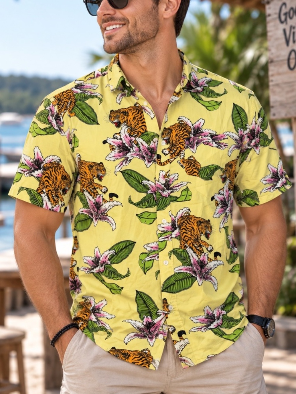 Amnesia Button Down Shirt Mens Size Large Yellow All Over Print Cruise Vacation